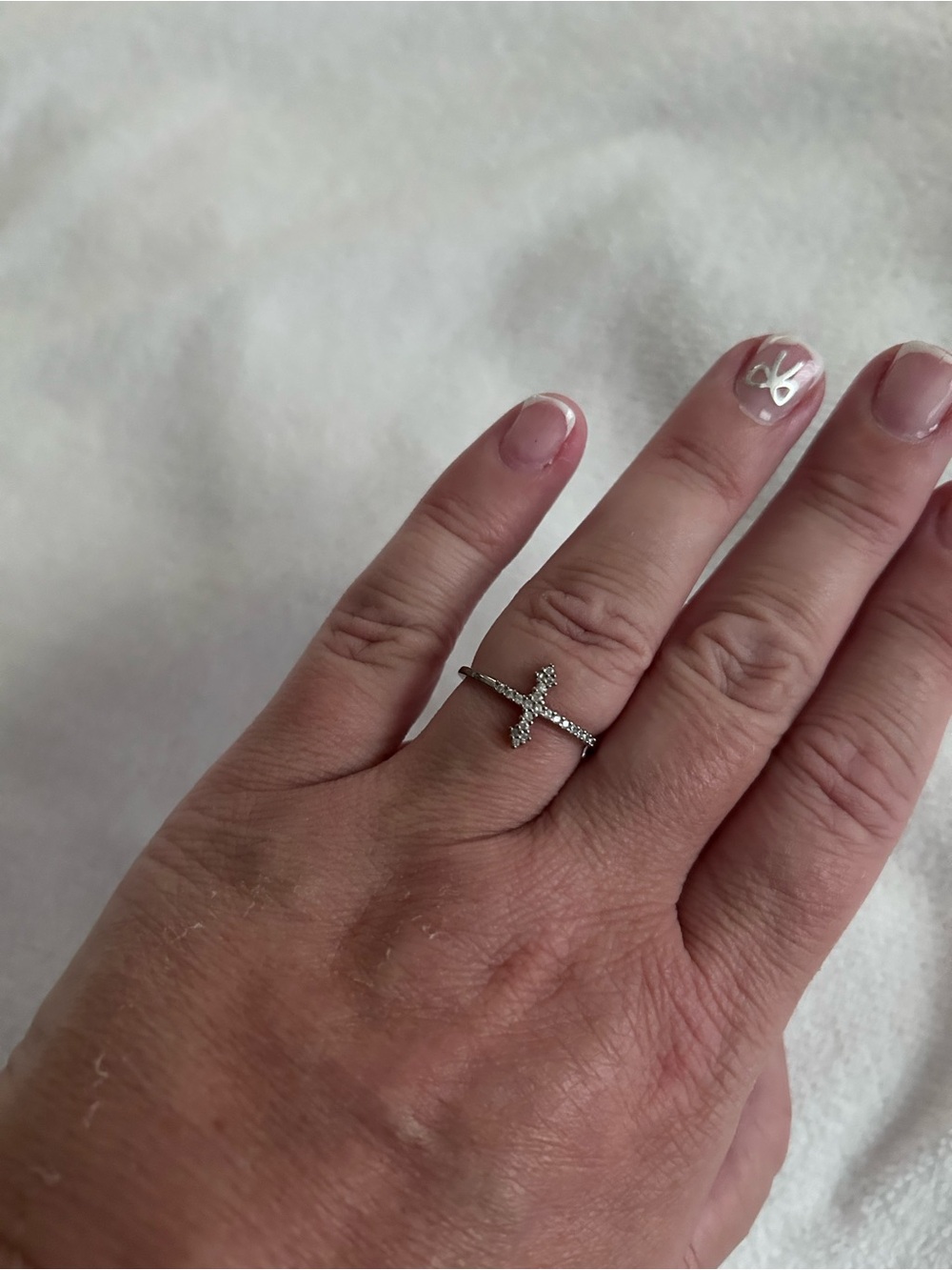 Delicate Silver Cross Ring with CZ Accents - Silver